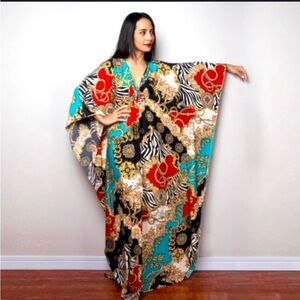 Satin multi Pattern  Floral Kaftan Batwing Vneck Knotted Bodice Maxi Dre…